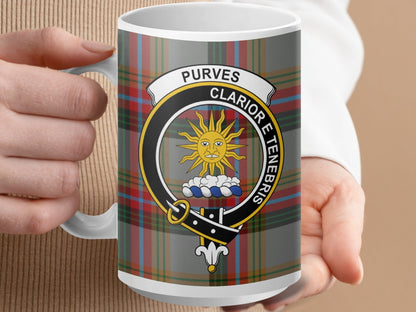 Physical Item 15oz / White Purves Clan Crest Tartan Scottish Mug