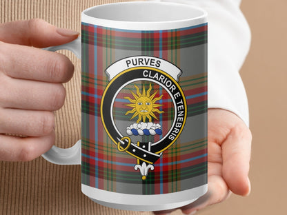 Physical Item 15oz / White Purves Clan Crest Tartan Scottish Mug