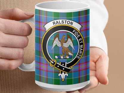 Physical Item 15oz / White Ralston Clan Crest Tartan Scottish Mug