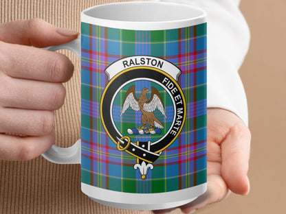 Physical Item 15oz / White Ralston Clan Crest Tartan Scottish Mug