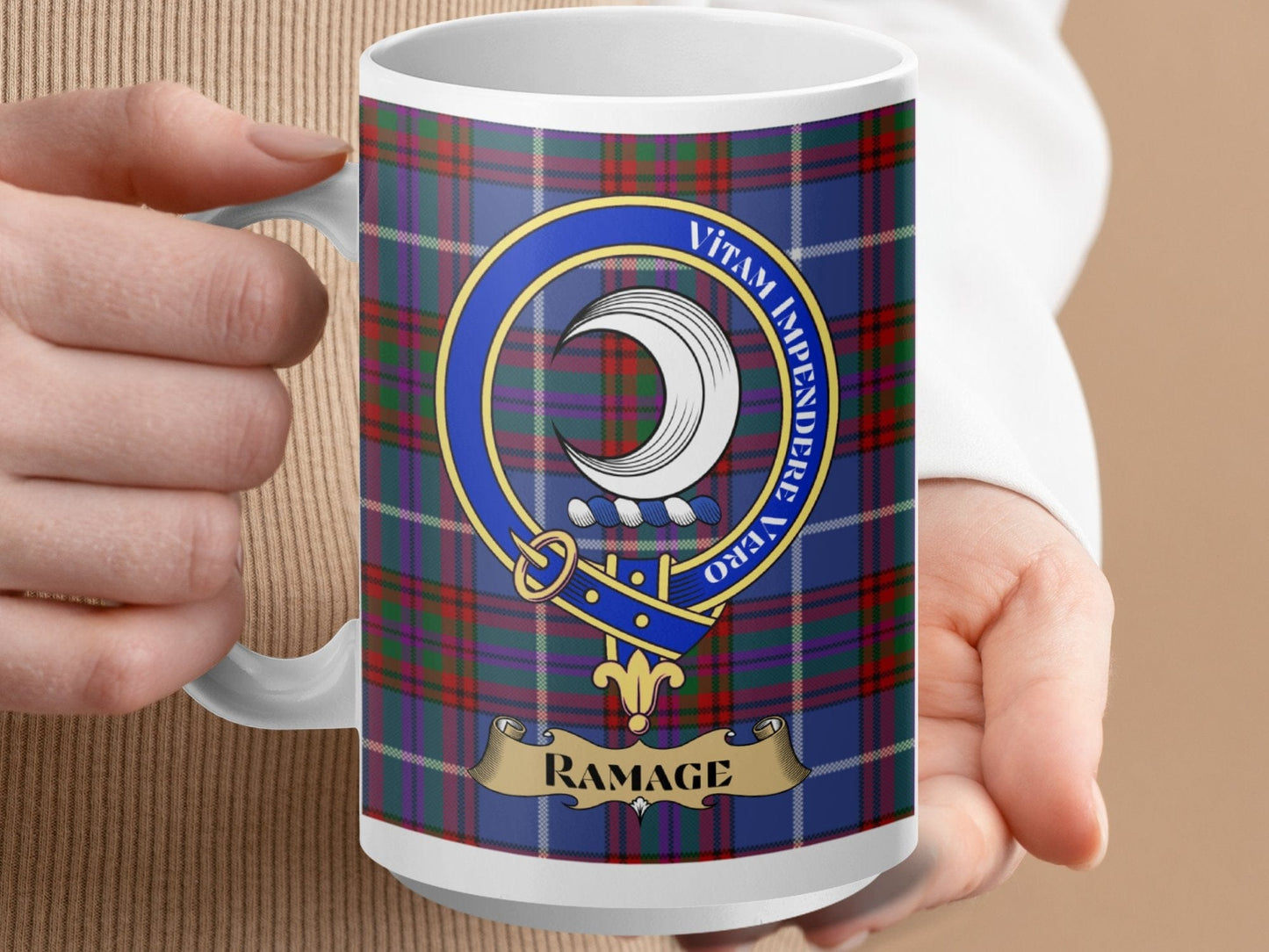 Physical Item 15oz / White Ramage Clan Scottish Tartan Crest Mug