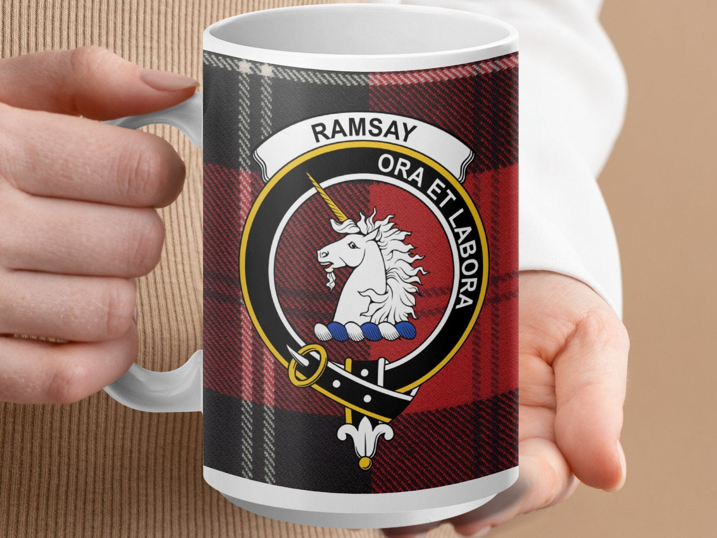 Physical Item 15oz / White Ramsay Clan Crest Tartan Scottish Mug