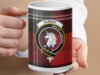 Physical Item 15oz / White Ramsay Clan Crest Tartan Scottish Mug