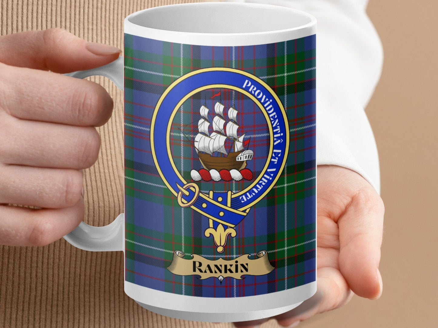 Physical Item 15oz / White Rankin Clan Scottish Tartan Crest Mug