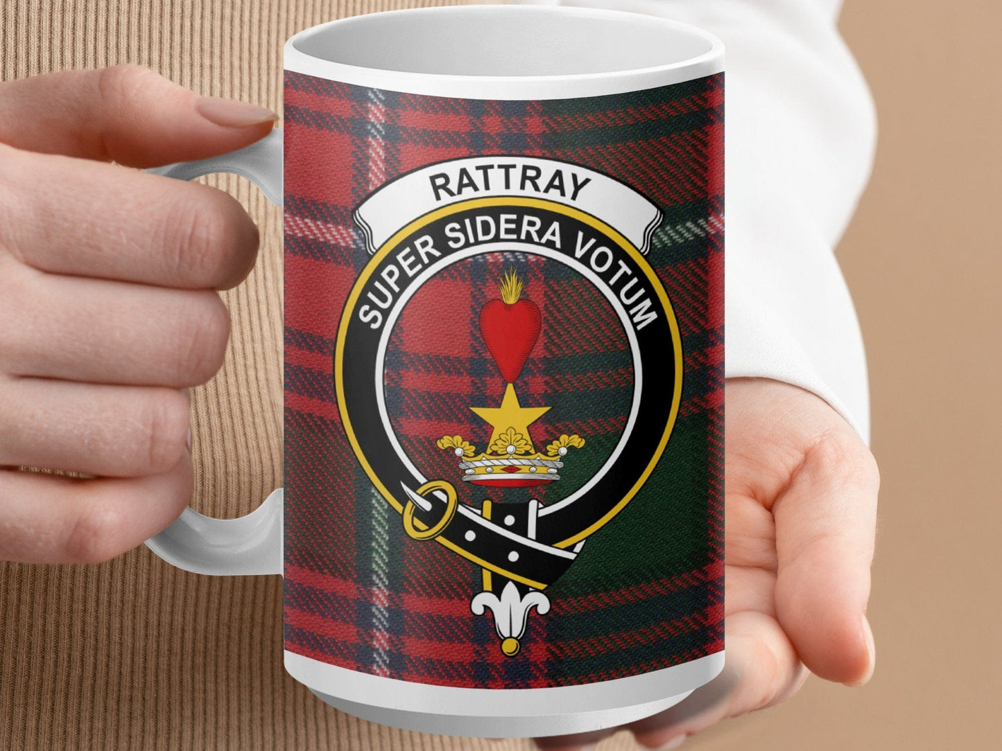 Physical Item 15oz / White Rattray Clan Crest Tartan Scottish Mug