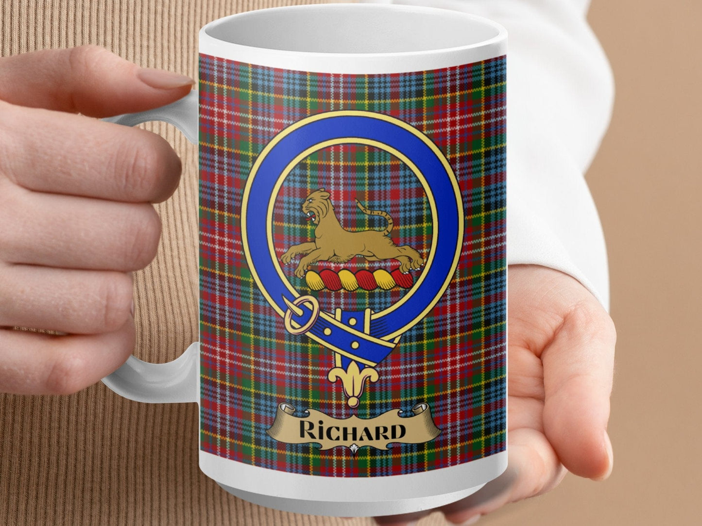 Physical Item 15oz / White Richard Clan Scottish Tartan Crest Mug