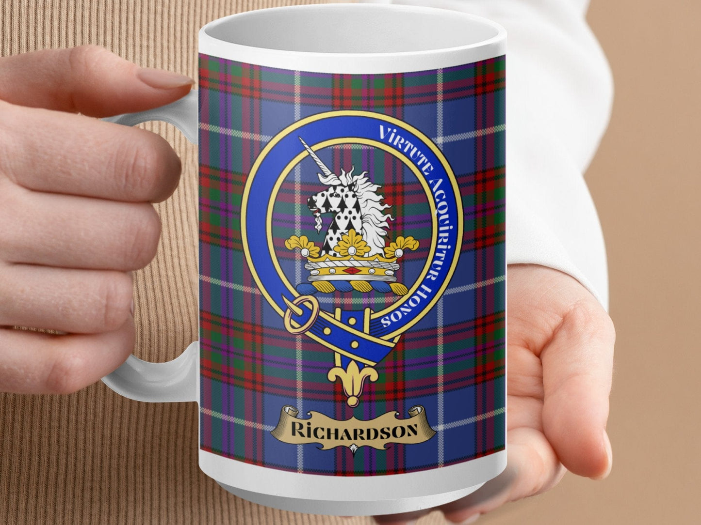 Physical Item 15oz / White Richardson Clan Scottish Tartan Crest Mug