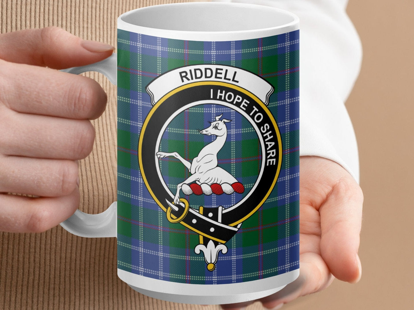 Physical Item 15oz / White Riddell Clan Crest Tartan Scottish Mug