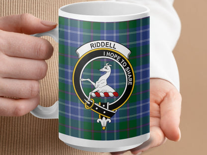 Physical Item 15oz / White Riddell Clan Crest Tartan Scottish Mug