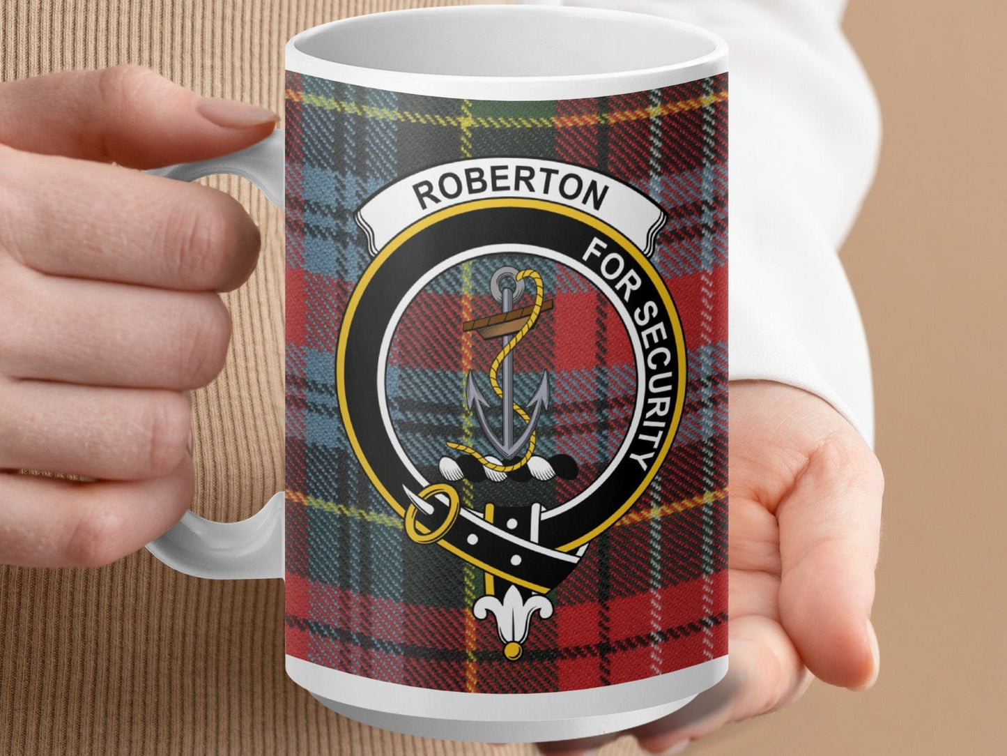 Physical Item 15oz / White Roberton Clan Crest Tartan Scottish Mug