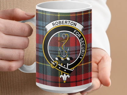 Physical Item 15oz / White Roberton Clan Crest Tartan Scottish Mug