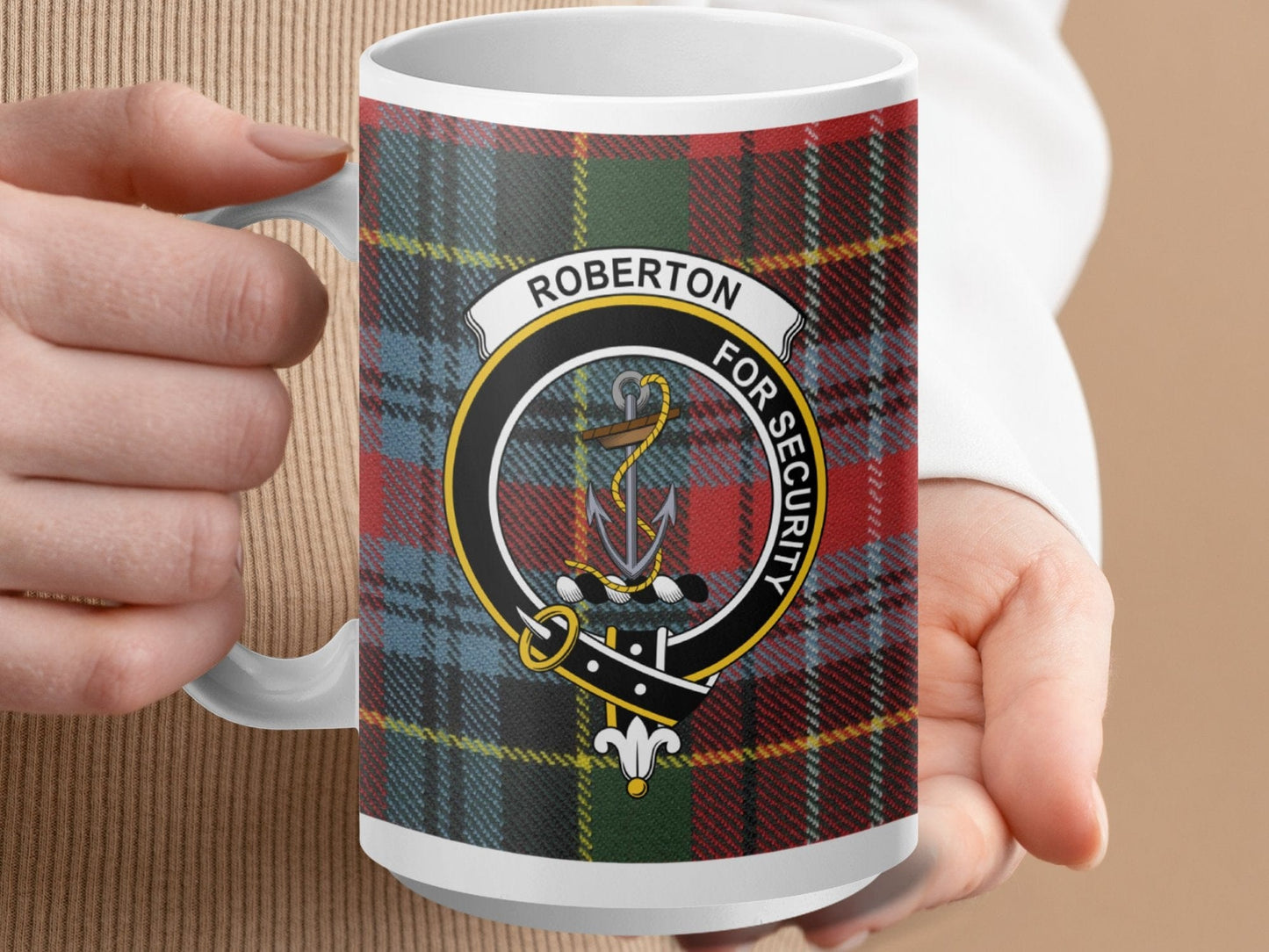 Physical Item 15oz / White Roberton Clan Crest Tartan Scottish Mug