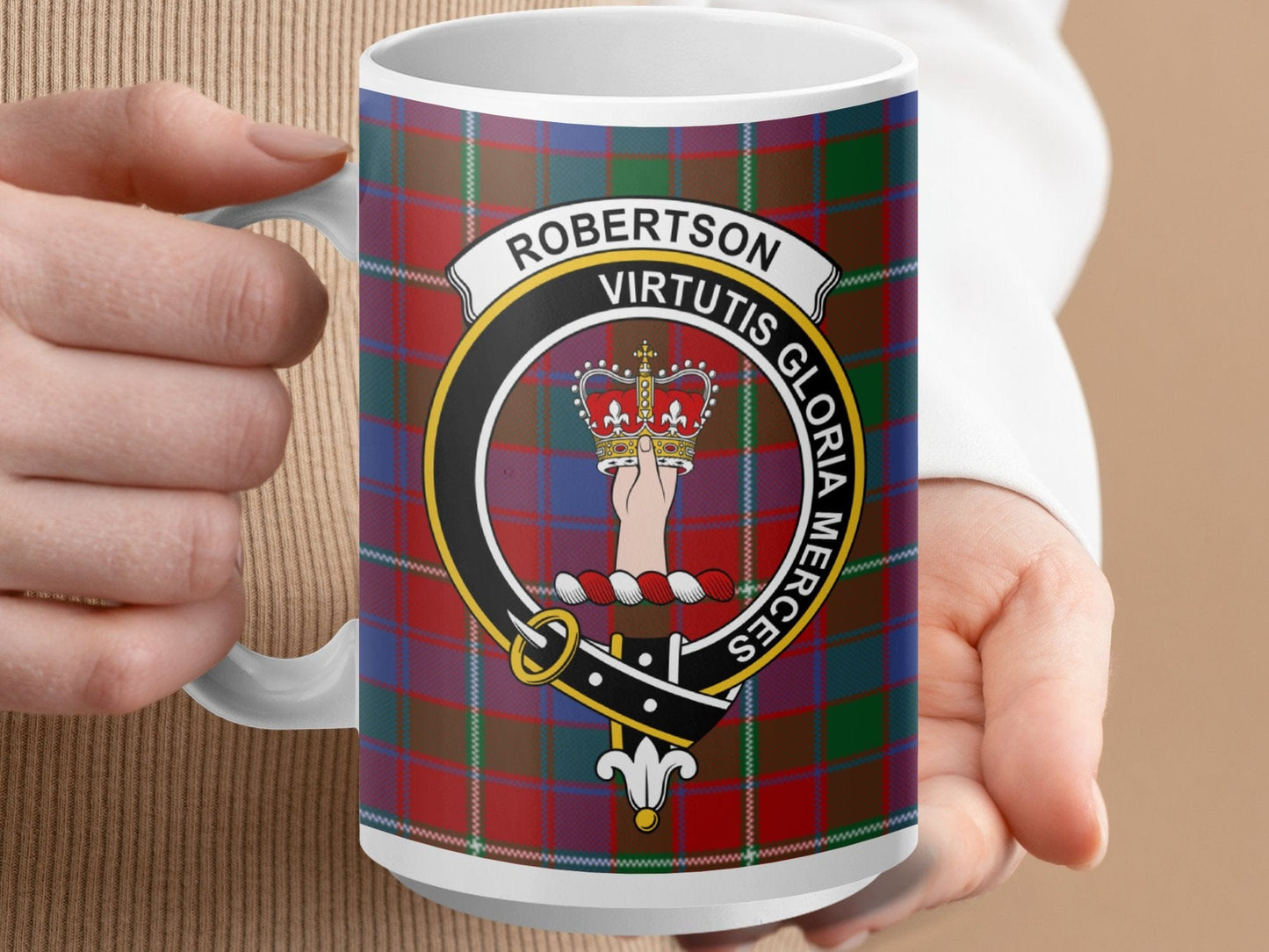 Physical Item 15oz / White Robertson Clan Crest Tartan Scottish Mug