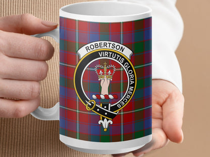 Physical Item 15oz / White Robertson Clan Crest Tartan Scottish Mug