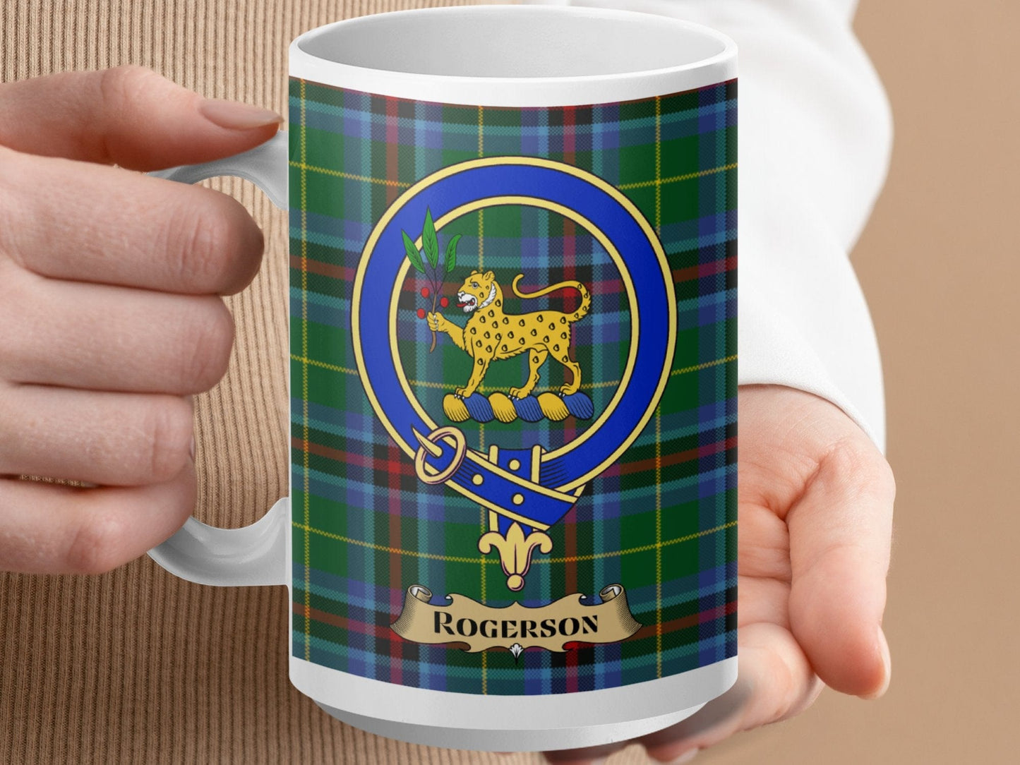 Physical Item 15oz / White Rogerson Clan Scottish Tartan Crest Mug