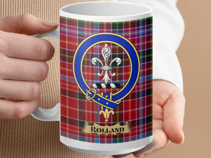 Physical Item 15oz / White Rolland Clan Scottish Tartan Crest Mug