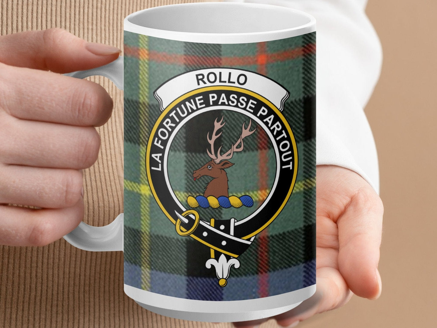 Physical Item 15oz / White Rollo Clan Crest Tartan Scottish Mug