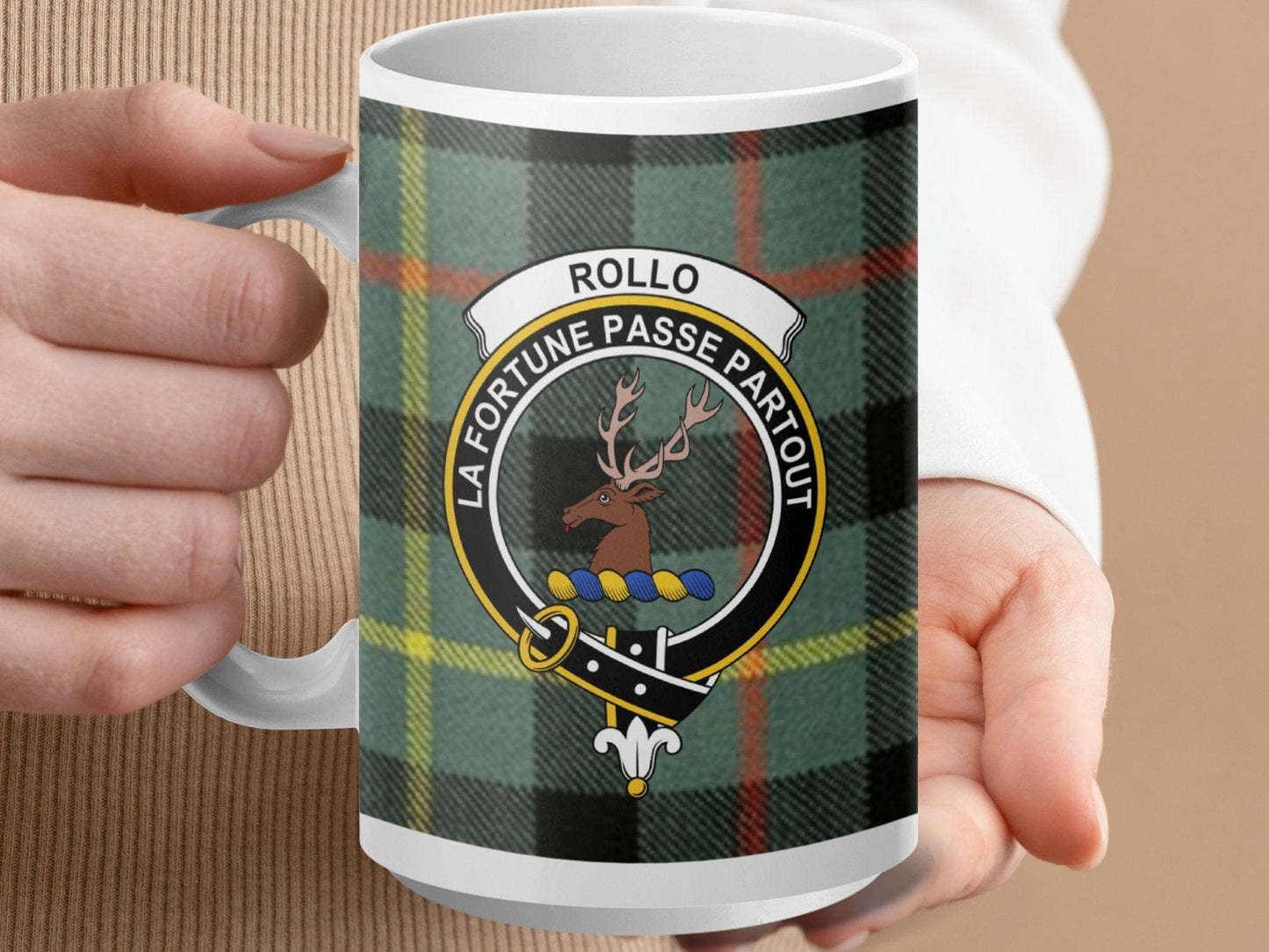 Physical Item 15oz / White Rollo Clan Crest Tartan Scottish Mug