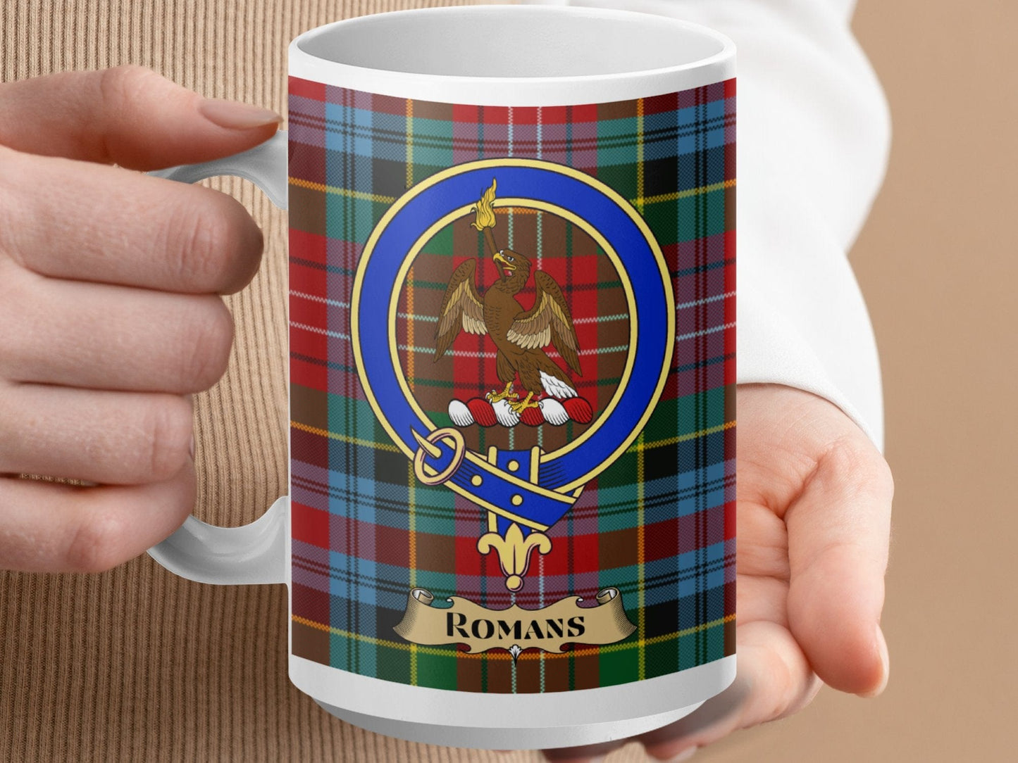 Physical Item 15oz / White Romans Clan Scottish Tartan Crest Mug