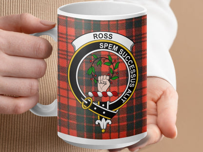 Physical Item 15oz / White Ross Clan Crest Tartan Background Scottish Mug