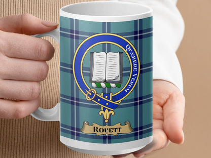 Physical Item 15oz / White Rouett Clan Scottish Tartan Crest Mug