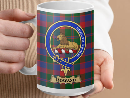 Physical Item 15oz / White Rowand Clan Scottish Tartan Crest Mug