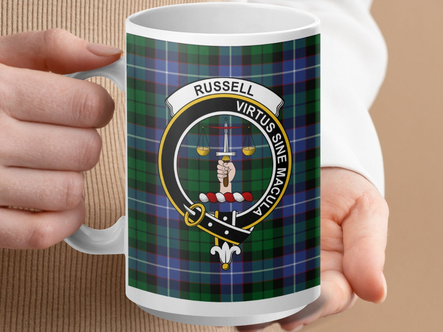 Physical Item 15oz / White Russell Clan Scottish Tartan Crest Mug