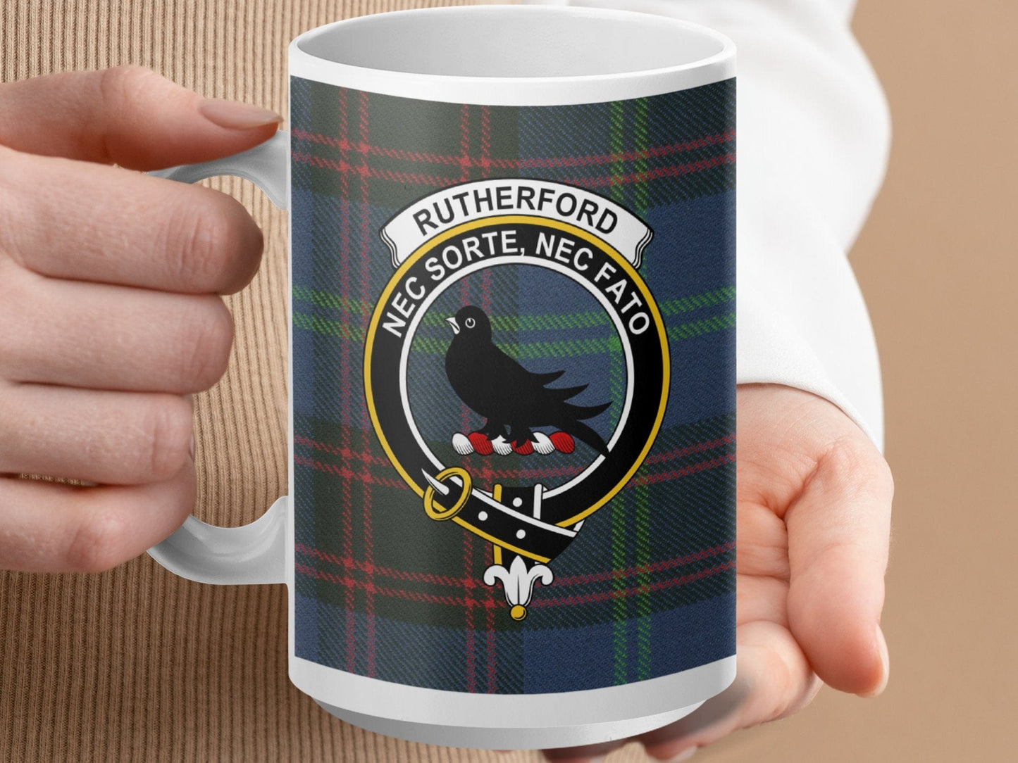 Physical Item 15oz / White Rutherford Clan Scottish Tartan Crest Mug