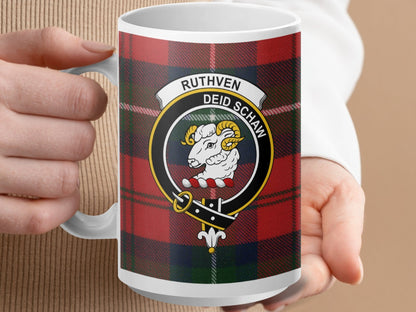 Physical Item 15oz / White Ruthven Clan Scottish Tartan Crest Mug