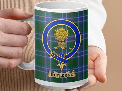 Physical Item 15oz / White Rutledge Clan Scottish Tartan Crest Mug