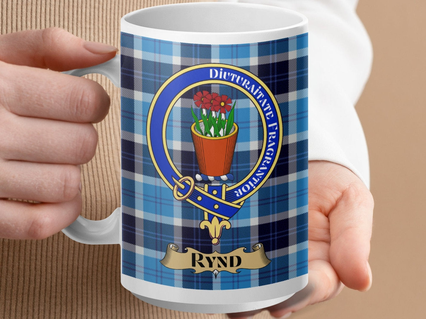 Physical Item 15oz / White Rynd Clan Scottish Tartan Crest Mug