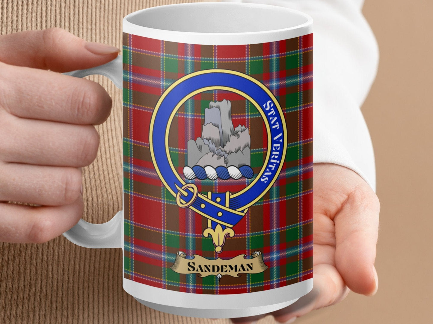 Physical Item 15oz / White Sandeman Clan Scottish Tartan Crest Mug