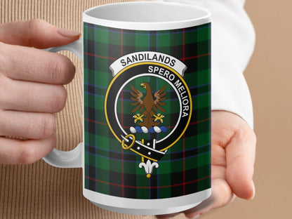 Physical Item 15oz / White Sandilands Clan Scottish Tartan Crest Mug