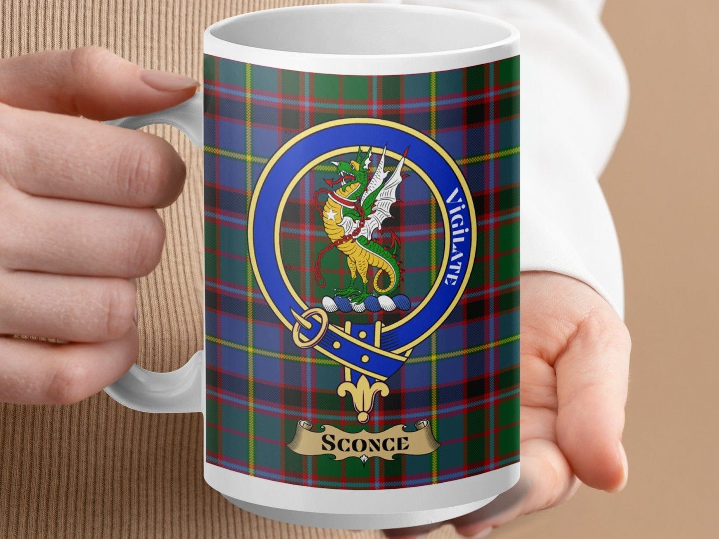 Physical Item 15oz / White Sconce Clan Scottish Tartan Crest Mug