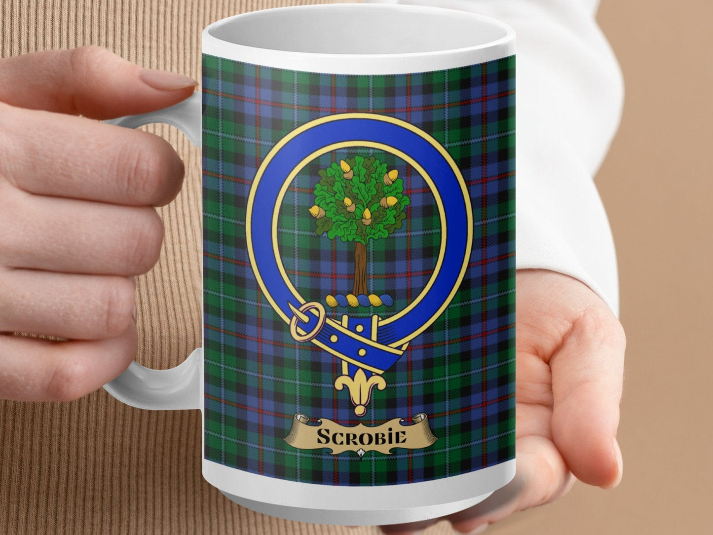 Physical Item 15oz / White Scrobie Clan Scottish Tartan Crest Mug