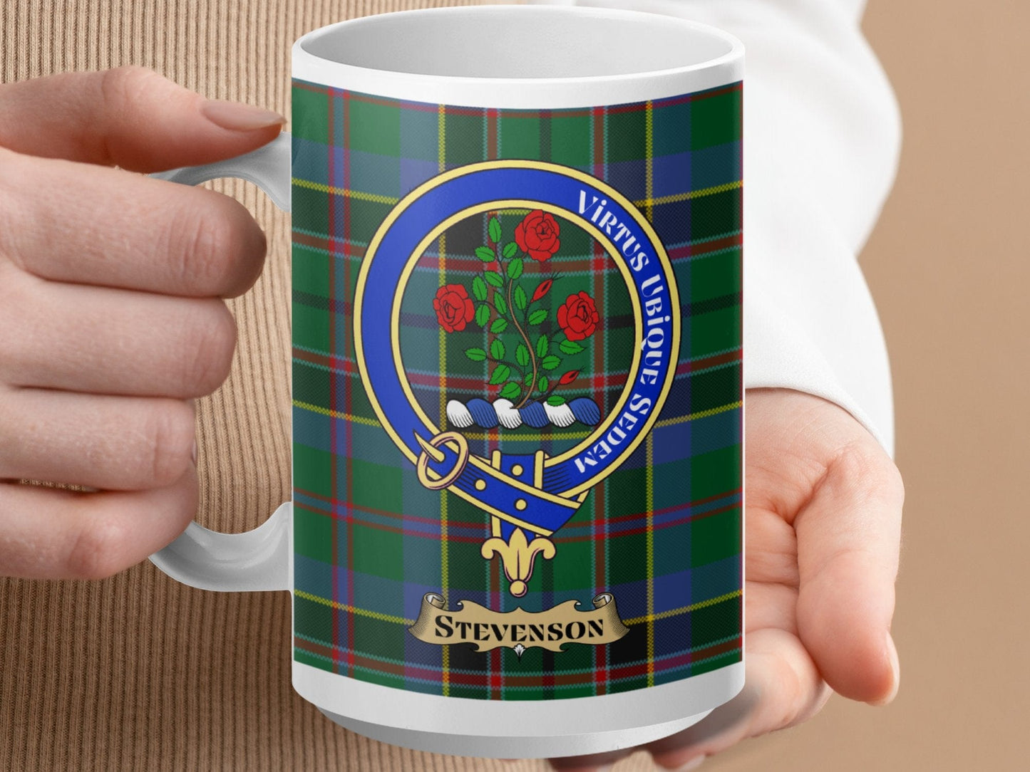 Physical Item 15oz / White Stevenson Clan Scottish Tartan Crest Mug