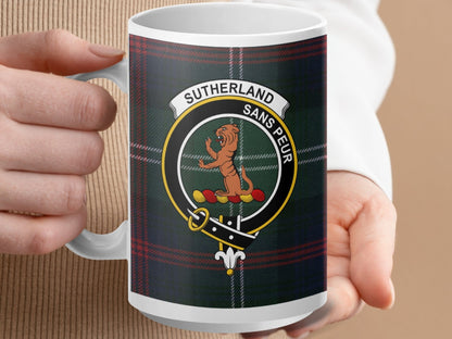 Physical Item 15oz / White Sutherland Clan Scottish Tartan Crest Mug