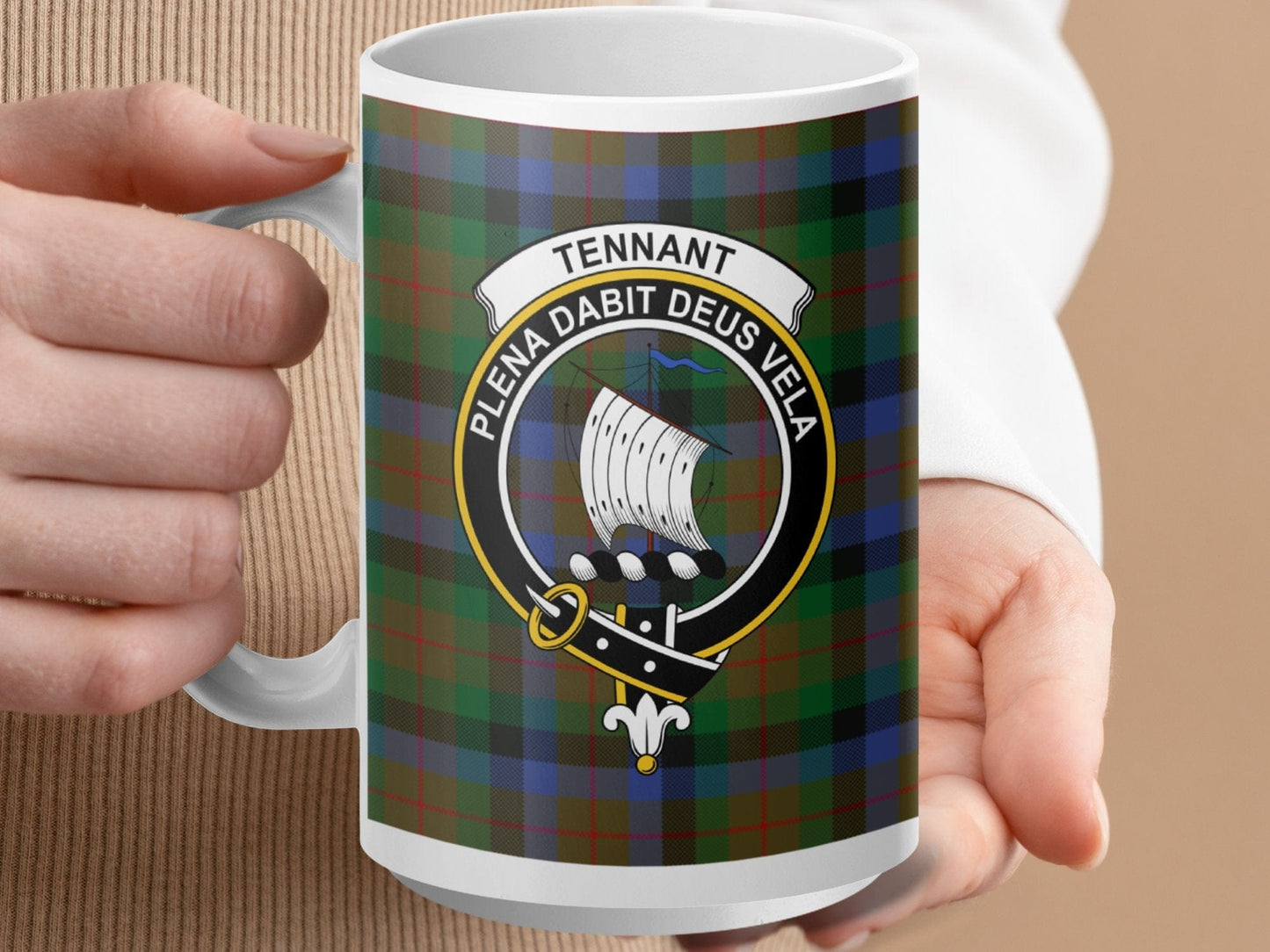 Physical Item 15oz / White Tennant Clan Scottish Tartan Crest Mug