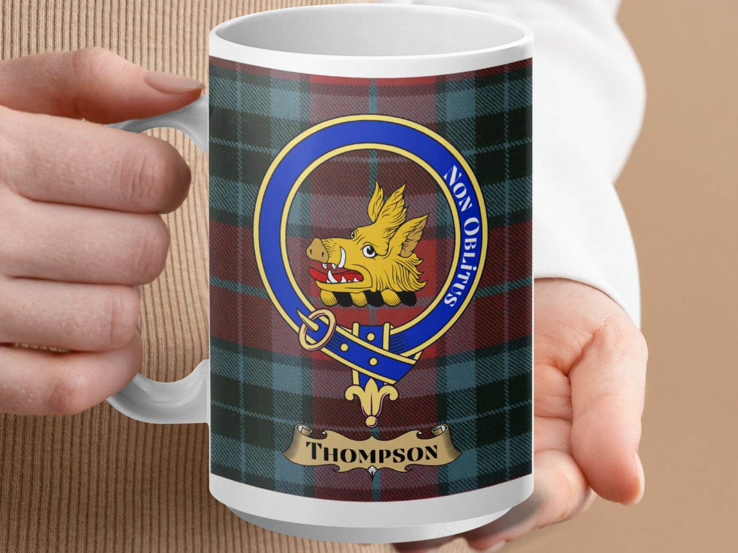 Physical Item 15oz / White Thompson Clan Scottish Tartan Crest Mug