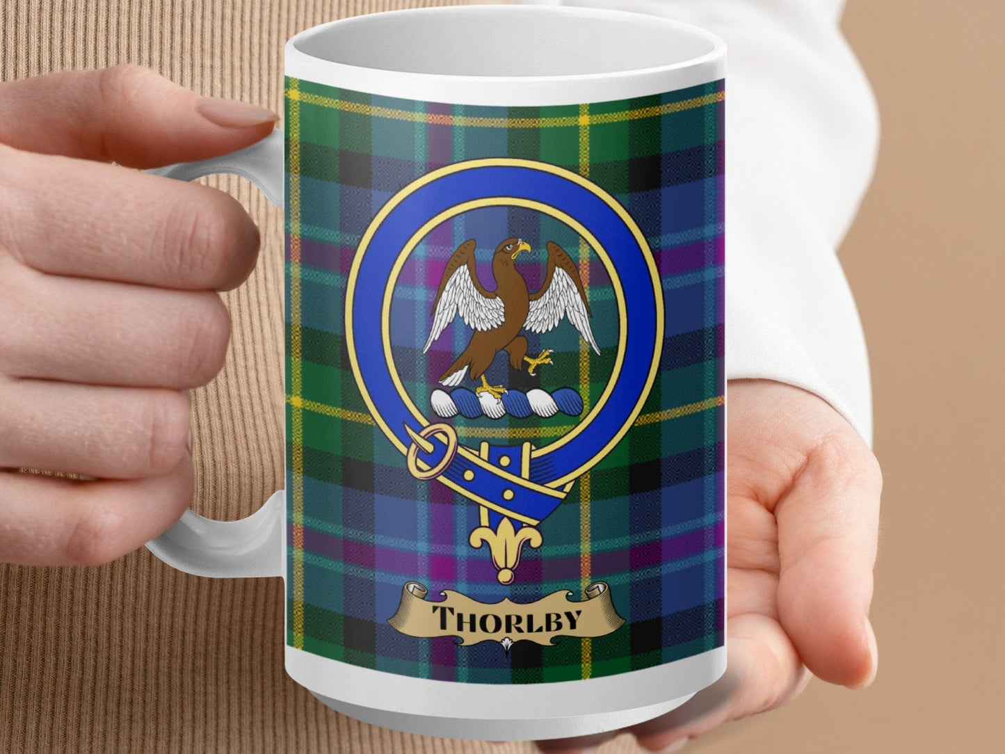 Physical Item 15oz / White Thorlby Clan Scottish Tartan Crest Mug