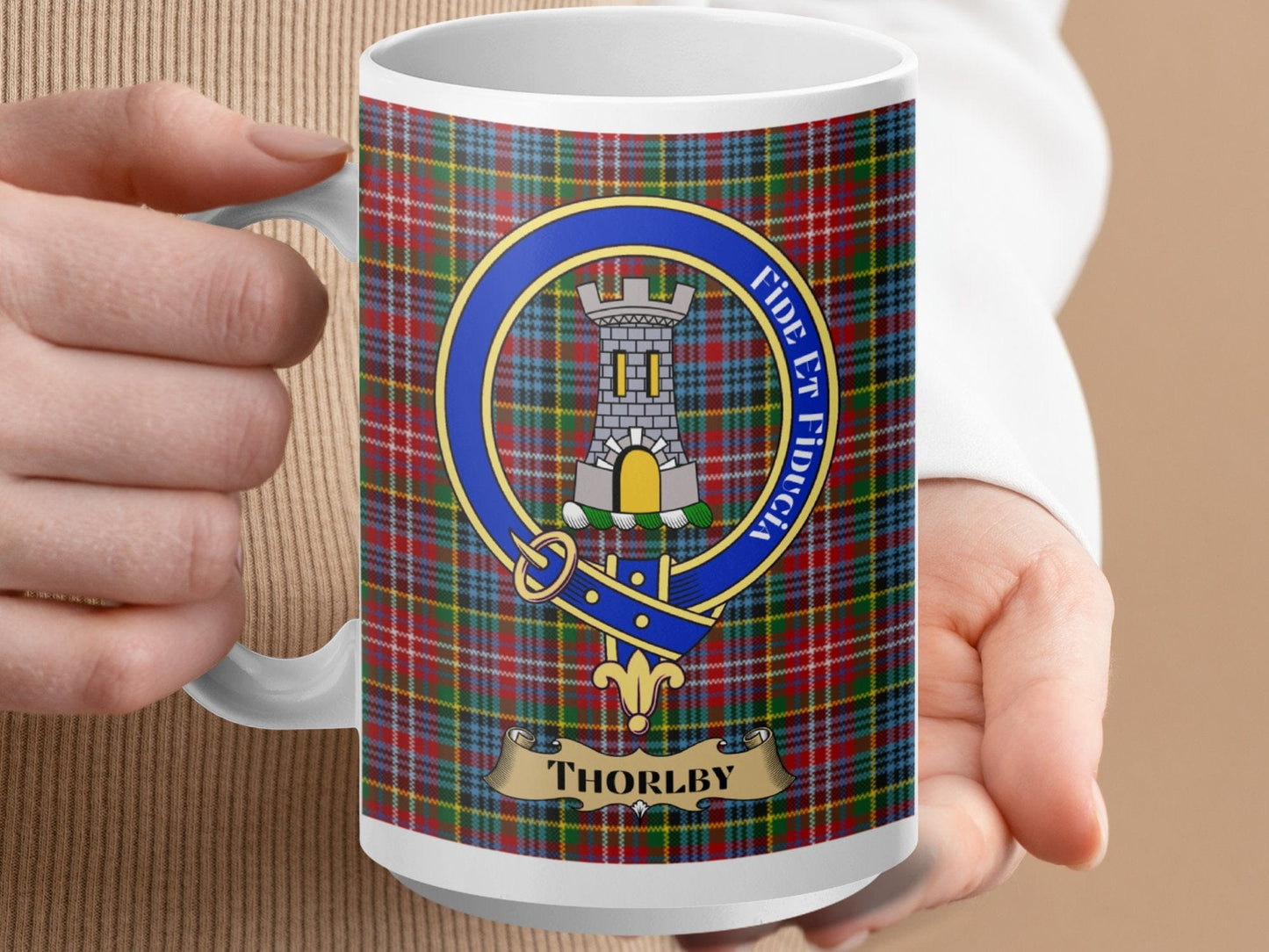 Physical Item 15oz / White Thorlby Clan Scottish Tartan Crest Mug