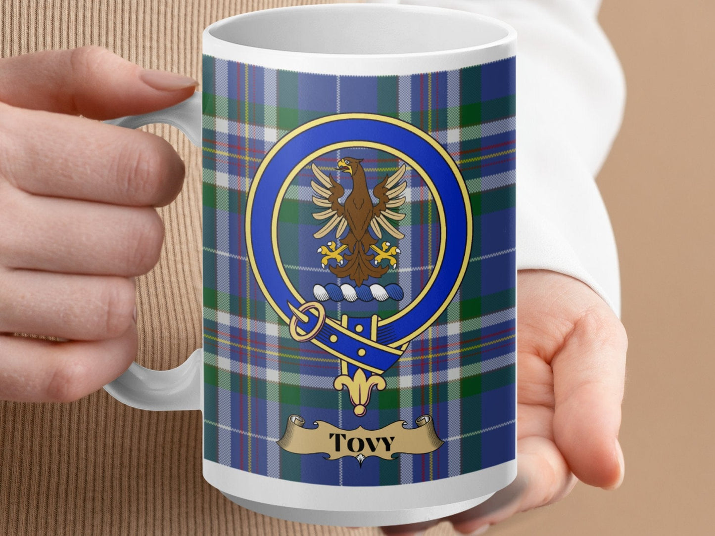 Physical Item 15oz / White Tovy Clan Scottish Tartan Crest Mug