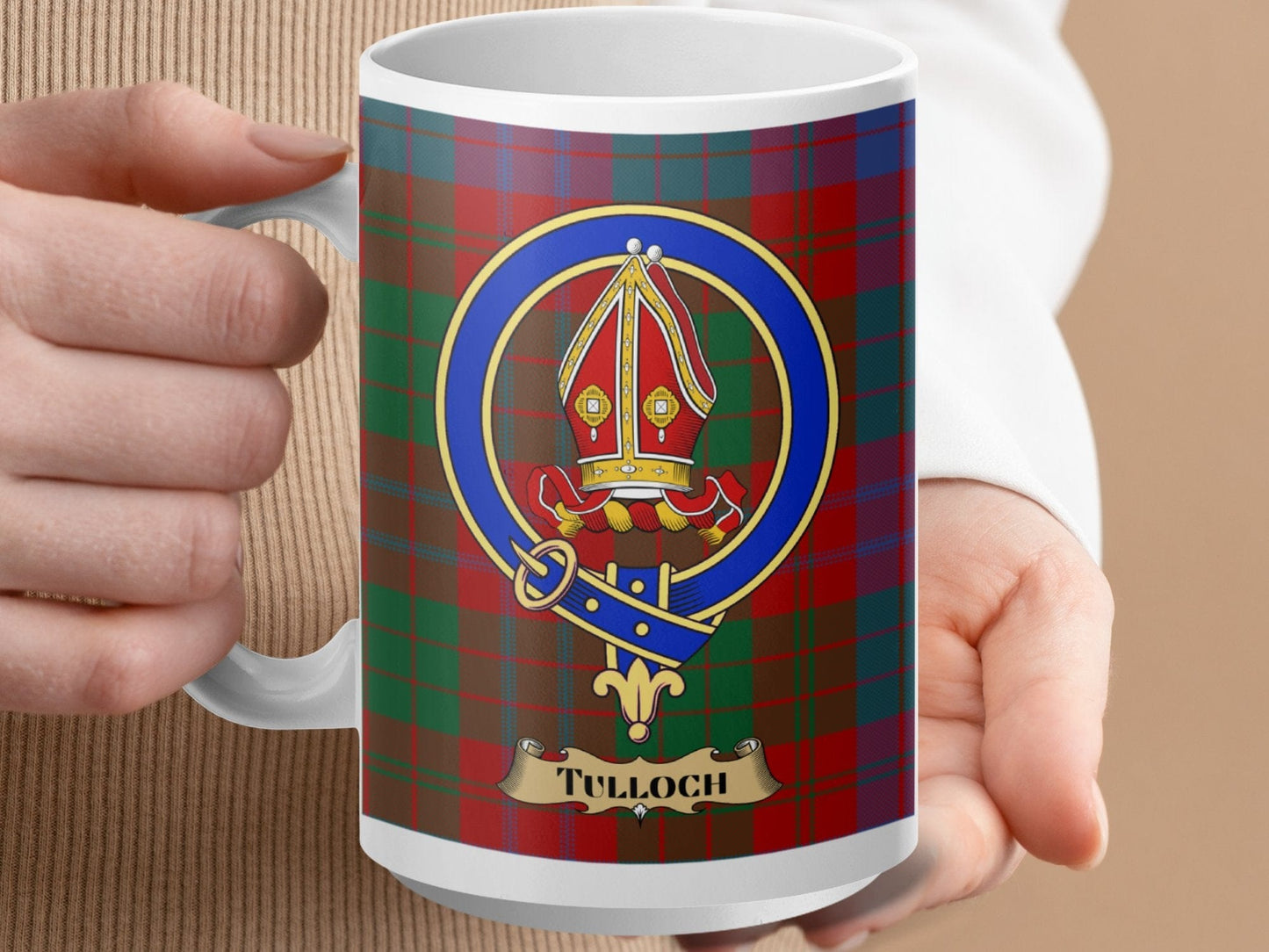 Physical Item 15oz / White Tulloch Clan Scottish Tartan Crest Mug