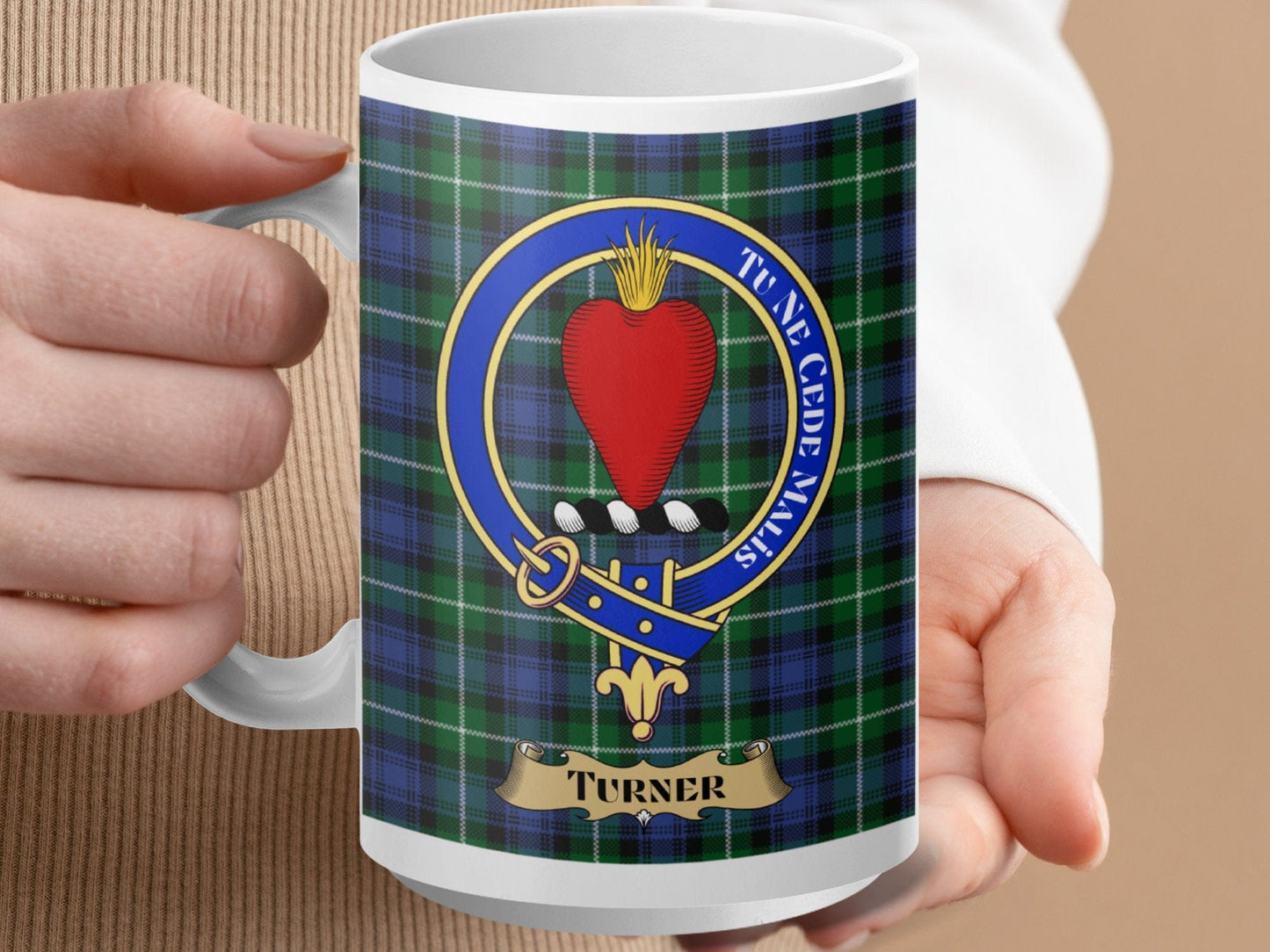 Physical Item 15oz / White Turner Clan Scottish Tartan Crest Mug