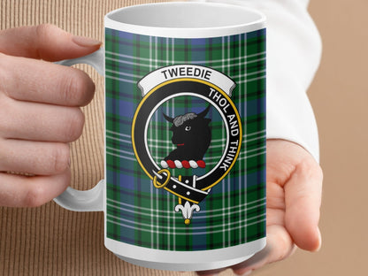 Physical Item 15oz / White Tweedie Clan Scottish Tartan Crest Mug