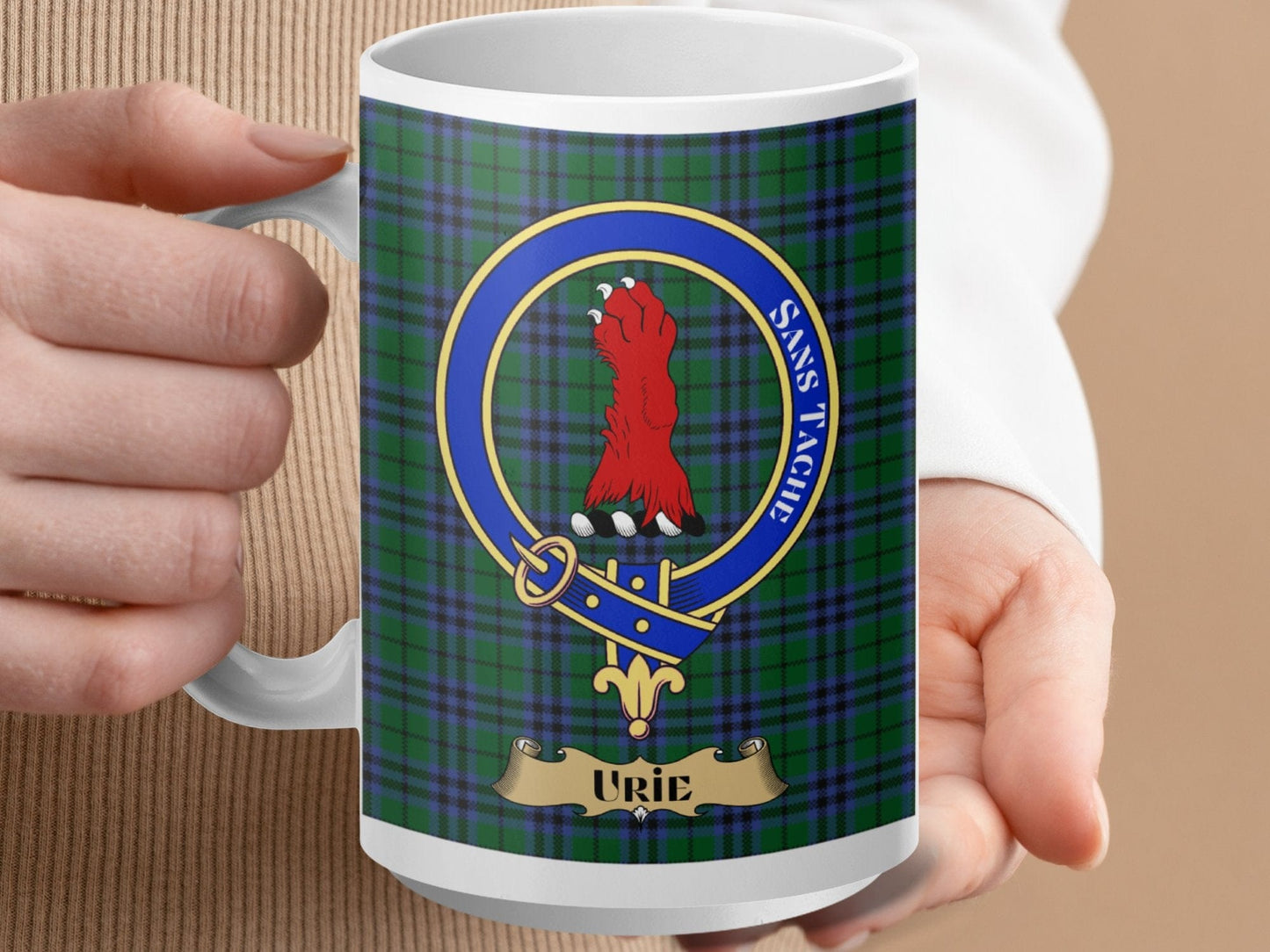 Physical Item 15oz / White Urie Clan Scottish Tartan Crest Mug