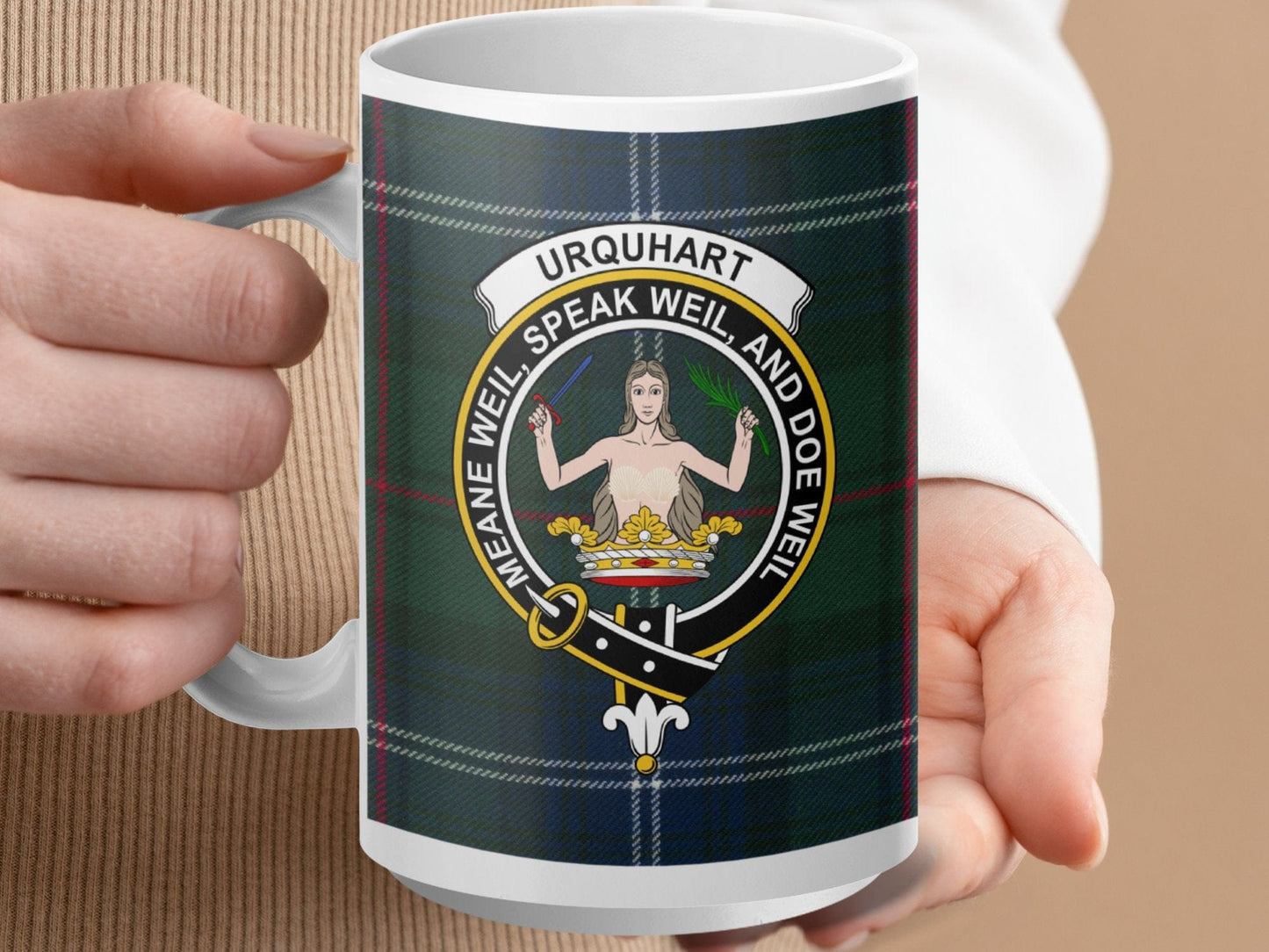 Physical Item 15oz / White Urquhart Clan Scottish Tartan Crest Mug