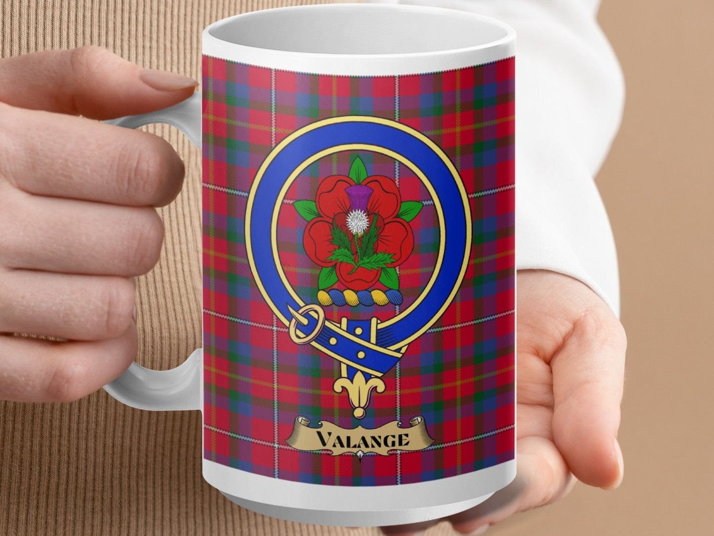 Physical Item 15oz / White Valange Clan Scottish Tartan Crest Mug