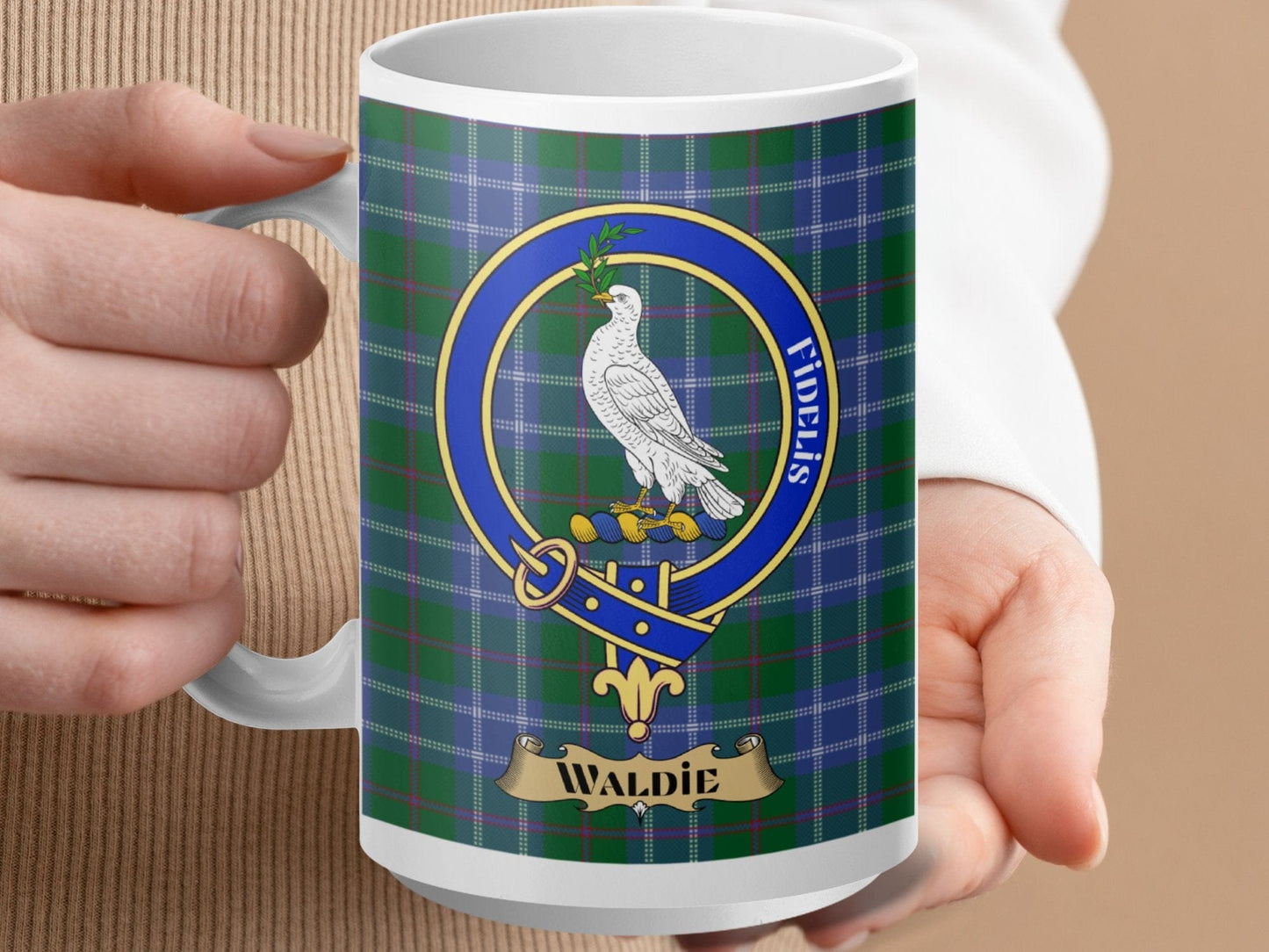 Physical Item 15oz / White Waldie Clan Scottish Tartan Crest Mug