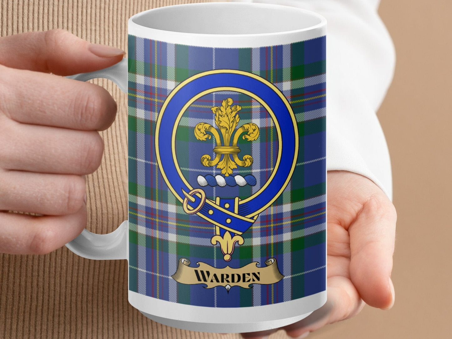 Physical Item 15oz / White Warden Clan Scottish Tartan Crest Mug